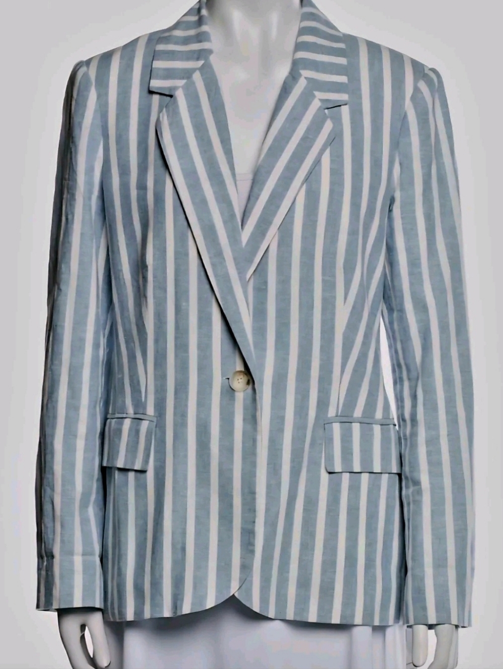 L'agence Linen Striped Light Blue & White Single-Button Blazer